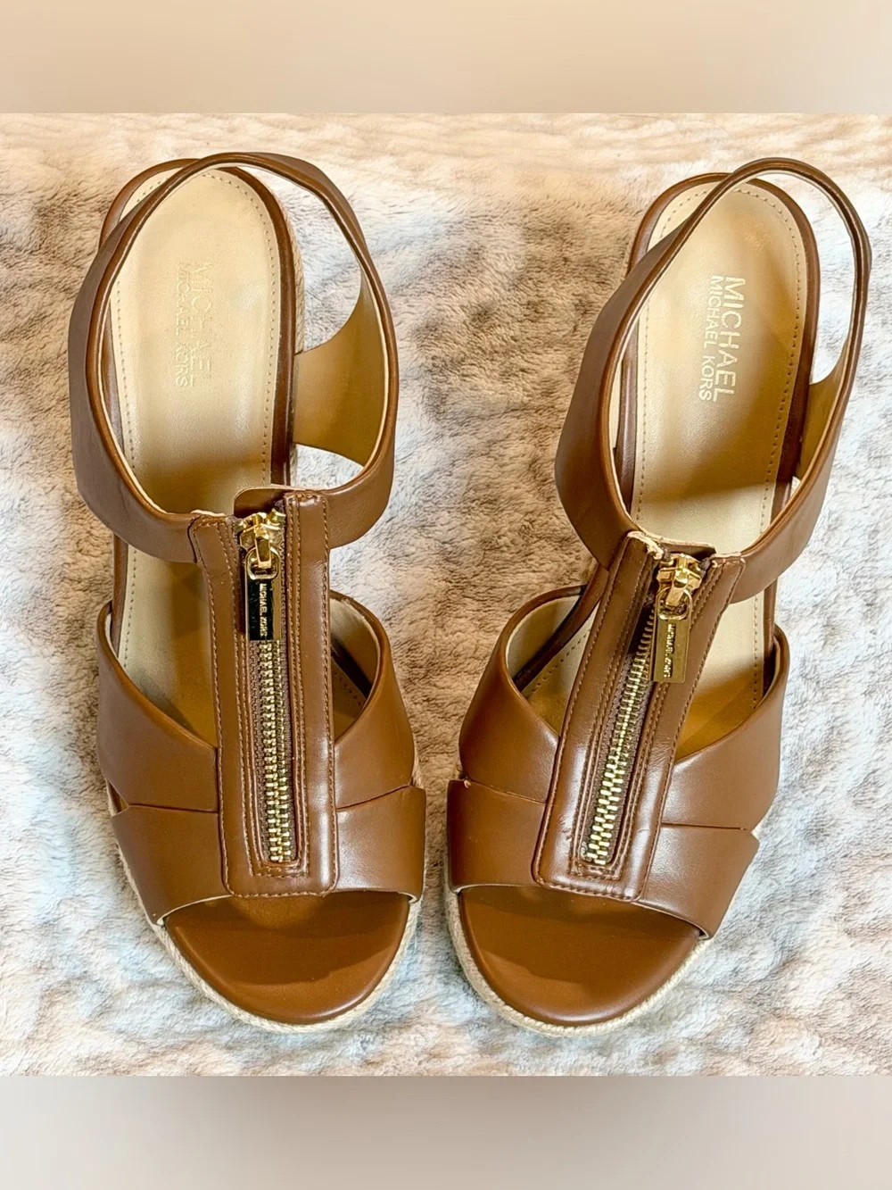 Michael Kors Jute Wedge Sandals Brown Front Zip Gold-Tone, size 7.5